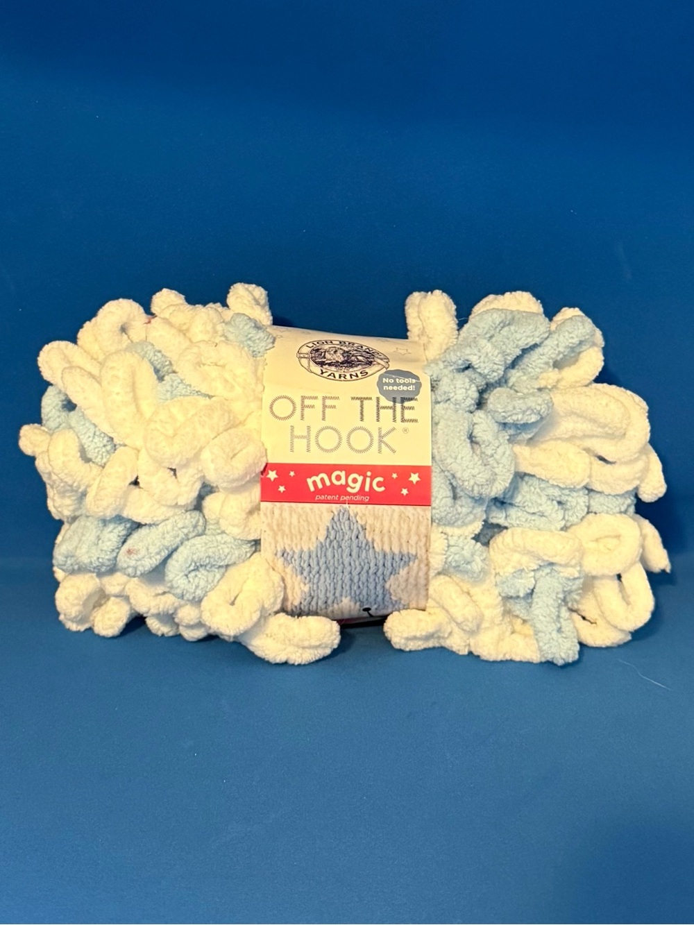 Off The Hook Magic Plush Loop Yarn Light Blue/Cream, 5 skeins available $5 each.